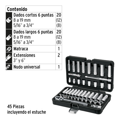 Juego De 45 Herramientas Cuadro 3/8  Para Mecánico 102410