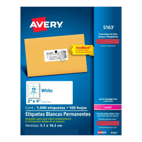 1000 Etiquetas Blancas Avery Rectangular Sobre 5.08 X 10.16