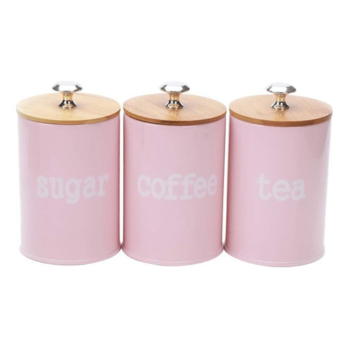 Frasco Hermético Metálico Tapa De Madera Para Cocina 3 Pcs Color Rosa