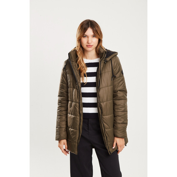 Campera Puffer Larga De Nylon Capucha Military - Koxis Mujer