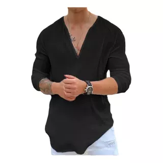 T -camiseta Larga -lino De Algodón Simple En V -neck Algodón