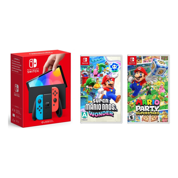 Nintendo Switch Oled 64gb Neon+mario Bros Wonder Mariopartys