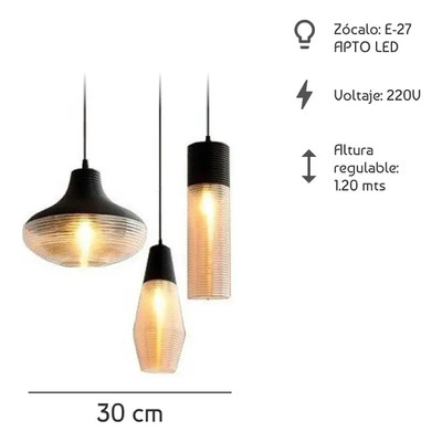 Colgante 3 Luces Plize Trio Negro Ambar Apto E27 Moderno Cie Negro/ámbar