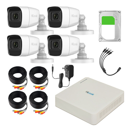 Hilook Kit de Camaras de Seguridad Exterior HLPS-PLUS+500 Video Vigilancia TurboHD 1080p CCTV 4 Cámaras Bala con Micrófono Integrado + 500gb