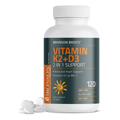 Bronson - Vitamin K2 (mk7) 90 Mcg + D3 5000iu X 120 Tabs Sabor Neutro