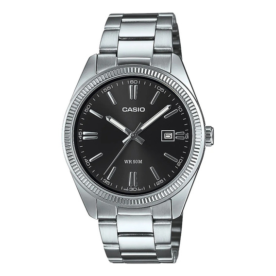 Reloj Casio Vintage Para Hombre Mtp-1302d Correa Plateado Bisel Plateado Fondo Negro