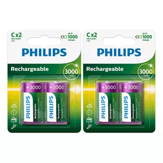 04 Pilha C Media Recarregavel 3000mah Philips Nfe Original