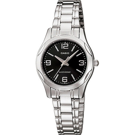 Reloj Casio Ltp1275 1a2 Mujer Pulsera Acero Inoxidable Correa Plateado Bisel Negro Fondo Negro LTP-1275D-1A2