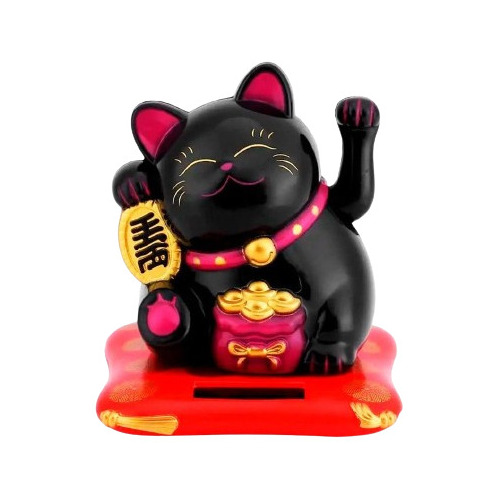 Gato Fortuna Suerte Carga Solar Maneki Neko Negro Blanco 8cm