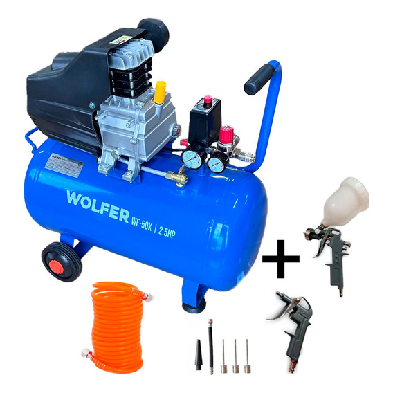 Compresor De Aire 50 Lts 2,5 Hp Wolfer + Kit 5 Accesorios