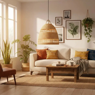 Colgante Deco Moderno De Seagrass Iris 36×34 Apto Led E27  Natural/cable Blanco