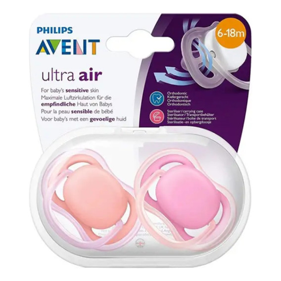 Avent Chupete Ultra Air 6-18 Meses X 2 Unidades Color Rosa