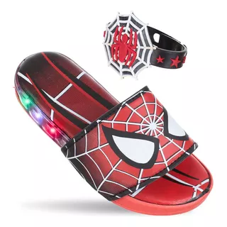 Chinelo Slide Aranha Com Luzinha Led Pisca Meninos Vermelho