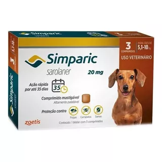 Antipulgas Zoetis Simparic 20mg Cães De 5,1kg A 10kg 3 Comprimidos