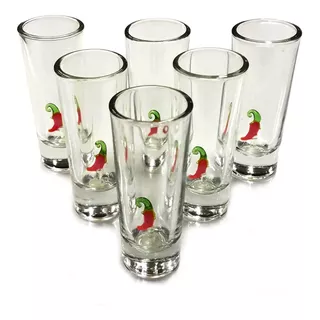 Set De  6 Tequileros De 2 Oz Con Chile De Color Artesanal