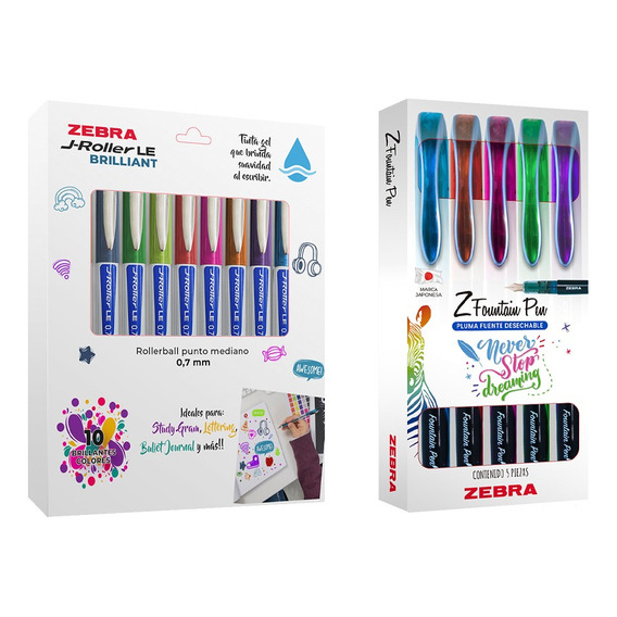 10 Bolígrafos De Gel + 5 Plumas Fuente Multicolor Zebra