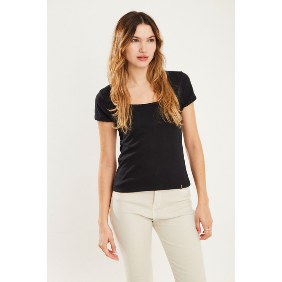 Remera  Interlock Escote Cuadrado Picot - Negro -koxis Mujer