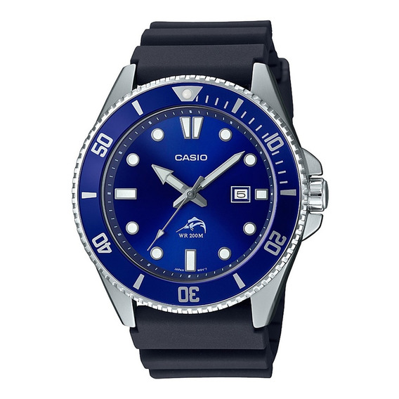 Reloj de pulsera Casio Classic MDV-106 de cuerpo color plateado, analógico, para hombre, fondo azul, con correa de resina color negro, agujas color plateado y gris, dial blanco y plateado, minutero/se