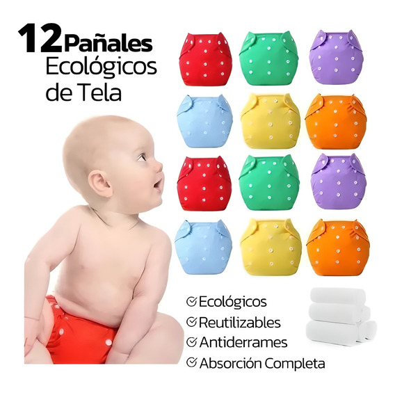 12 Pañales Ecológicos De Tela Reutilizables  12+12 Insertos