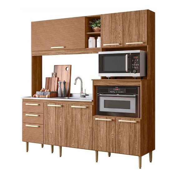 Mueble De Cocina Kit Completo 7 Puertas 3 Cajon Amoblamiento Color Carvalho