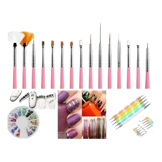 Kit Pinceles X15 + Punzones X10 + 12 Cintas + Rueda Nail Art