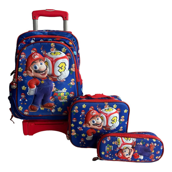 Kit Mochila De Mario Lonchera Lapicera Y Ruedas Primaria.