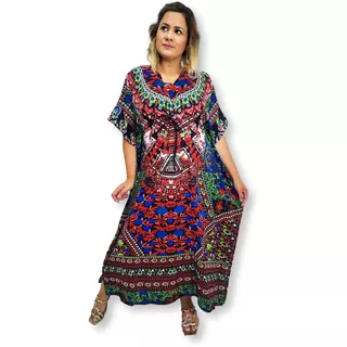 Vestido Kaftan Indiano Plus Size Estampa Com Flores Kf-10