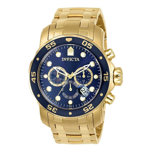 Reloj pulsera Invicta Pro Diver Scuba 0073 de cuerpo color dorado, analógico, para hombre, fondo azul, con correa de acero inoxidable color dorado, agujas color dorado y blanco, dial dorado y blanco, subesferas color azul y dorado, minutero/segundero blanco, bisel color azul y desplegable