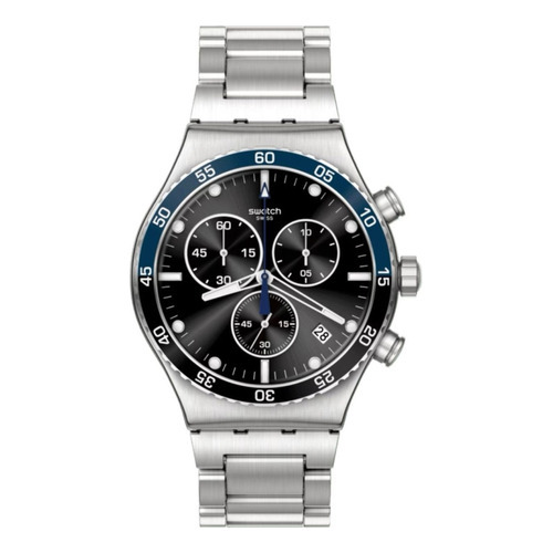 Reloj Swatch Dark Blue Irony De Acero Inoxidable Yvs507g Color de la malla Plateado Color del bisel Azul-Negro Color del fondo Negro