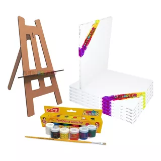 Kit 5 Telas P/ Pintura 30x40 + Cavalete + 06 Tintas + Pincel