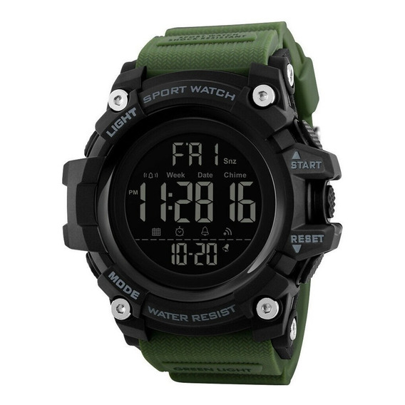 Reloj pulsera Skmei 1384 de cuerpo color negro, digital, para hombre, fondo negro, con correa de poliuretano color verde, dial gris, minutero/segundero gris, bisel color negro y hebilla doble