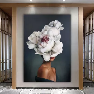 Quadro Em Tela Canvas Linda Mulher Flores Cabeça Decoração