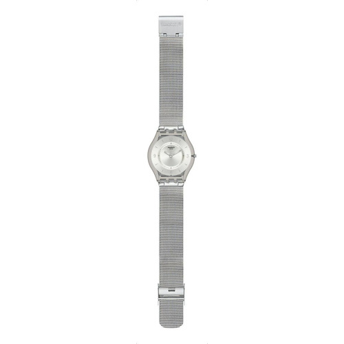 Reloj pulsera Swatch Metal knit con correa de acero inoxidable color gris - fondo plateado satinado