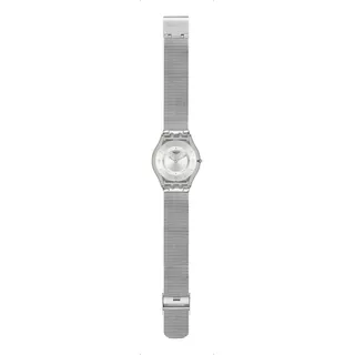 Reloj Pulsera Swatch Skin Metal Knit De Cuerpo Color Gris, Analógico, Para Mujer, Fondo Plateado Satinado, Con Correa De Acero Inoxidable Color Gris, Agujas Color Plateado, Dial Gris, Minutero/segunde