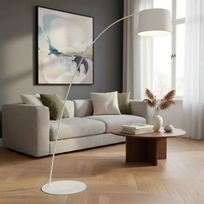 Lampara De Pie Curva Moderna Tepic Blanca Apto Led Diseño  Blanco