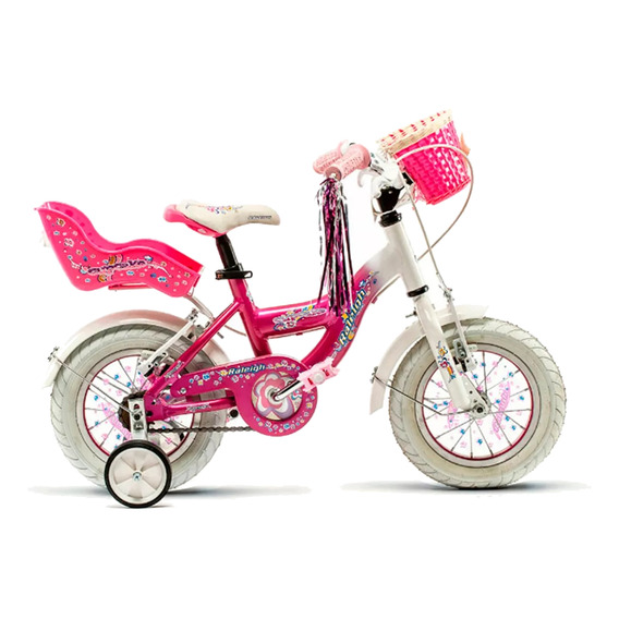 Bicicleta Infantil Nena Raleigh Cupcake Cuadro De Aluminio Liviana Con Canasto Y Silla Portamuñeca Blanco Rosa 