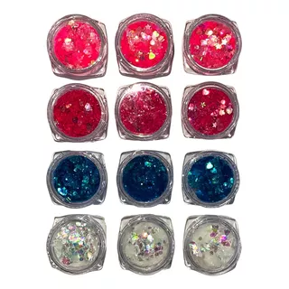 12 Potinhos Glitter Flocado Pó Para Decoração De Unhas Gel Cor Sortido