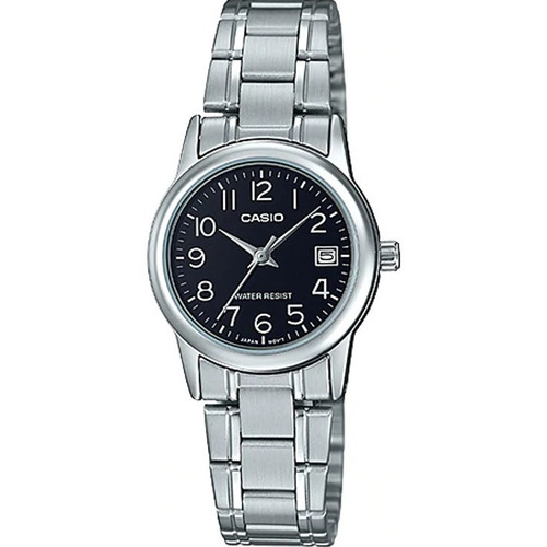 Reloj Casio Quartz Ltpv002 Mujer Acero Fechador Full Correa Plateado Bisel Plateado Fondo Negro LTP-V002D-1B