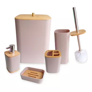 Set Baño Bambu Plastico X6 Cesto Dispenser Jabon Escobilla