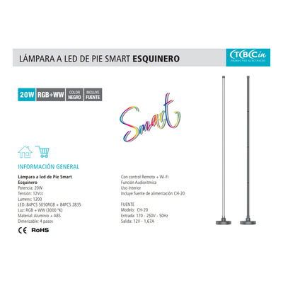 Lampara Velador De Pie Led Smart Ldp20-rgb-t Esquinero Tbcin