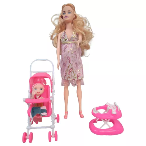 Boneca Gravida Estilo Barbie Andador Carrinho Bonequinha loira