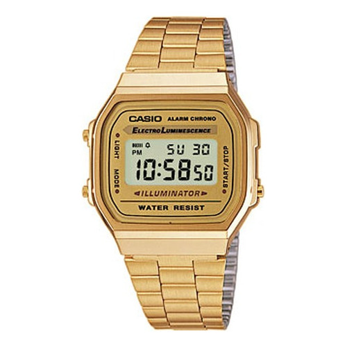 Reloj pulsera digital Casio A-168 con correa de acero inoxidable color dorado - fondo gris/dorado