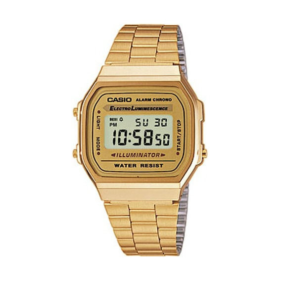 Reloj pulsera Casio Youth Vintage A-168 de cuerpo color dorado, digital, fondo gris y dorado, con correa de acero inoxidable color dorado, dial negro, minutero/segundero negro, bisel color dorado, luz