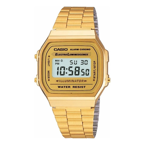 Reloj pulsera Casio Vintage A-168 de cuerpo color dorado, digital, fondo ocre, con correa de acero inoxidable color dorado, dial negro, minutero/segundero negro, bisel color dorado y hebilla de gancho
