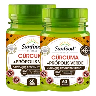 Curcumina 95% + Propolis Verde 700mg 60 Caps Sunfood 2 Potes Sabor Sem Sabor