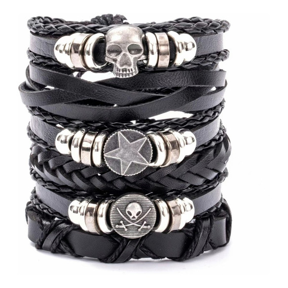 Pulsera De Cuero Negro Para Hombre 6 En 1