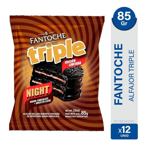 Alfajor Fantoche Triple Night 85g Chocolate Dulce Leche X12
