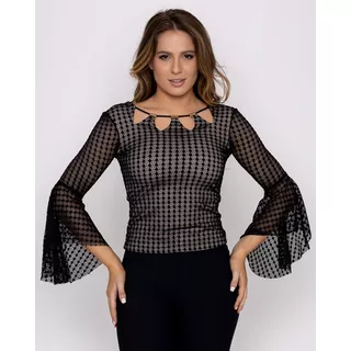 Blusa Karmani De Renda Manga Flare Preto