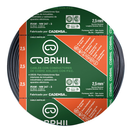 Cable unipolar Cobrhil 1x2.5mm² negro x 100m en rollo