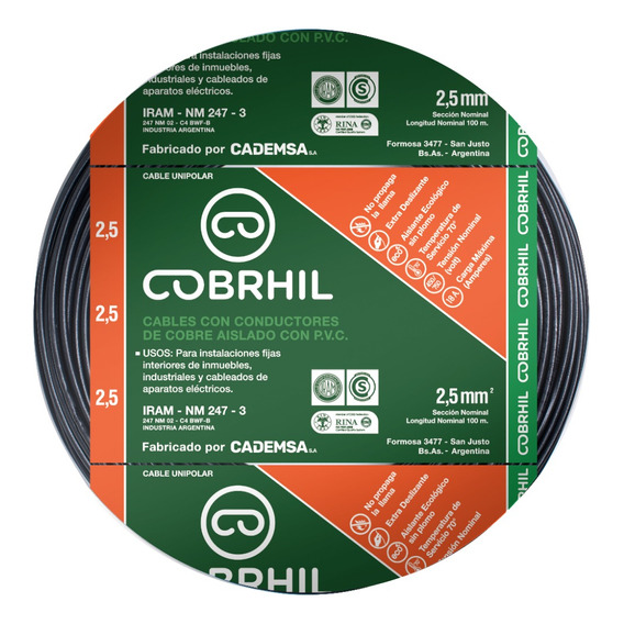 Cable unipolar Cobrhil 1x2.5mm² negro x 100m en rollo